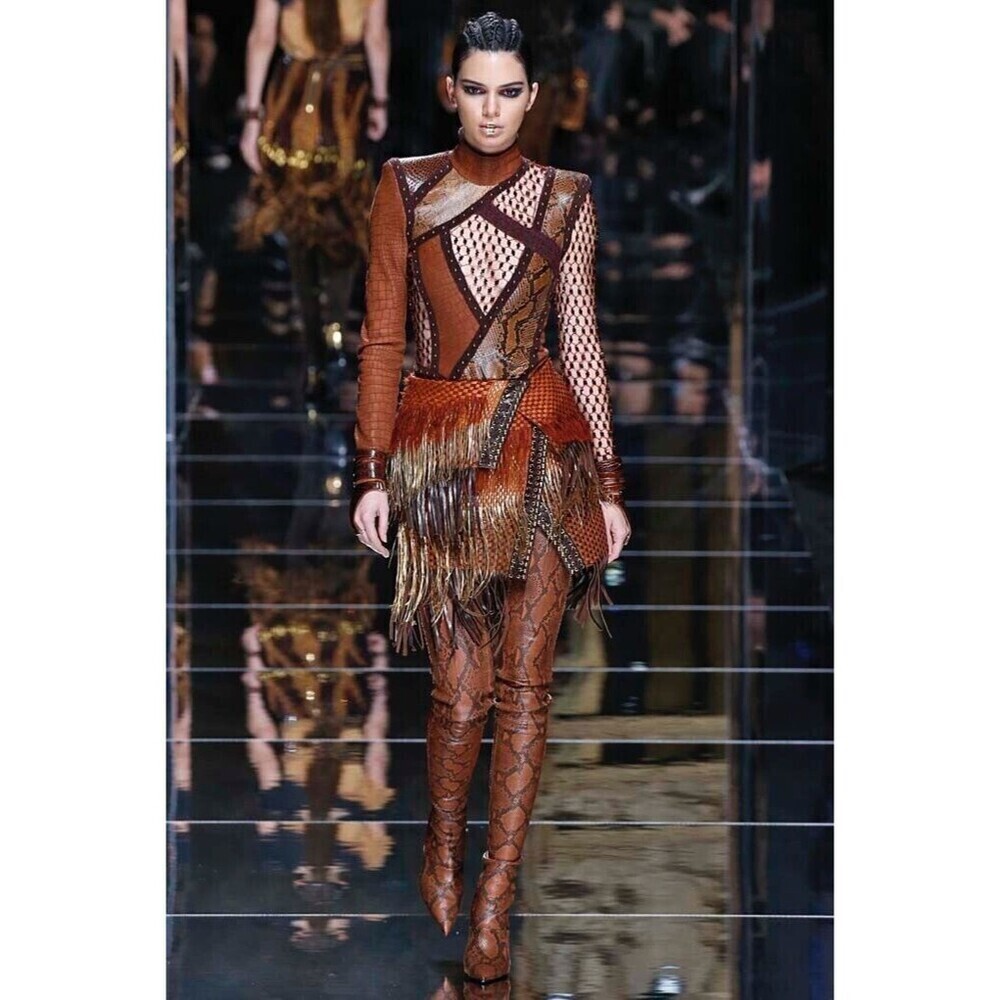 Balmain F17 Runway Skirt Brown Tribal Lamb Leather Fringe Brass Kendall Jenner